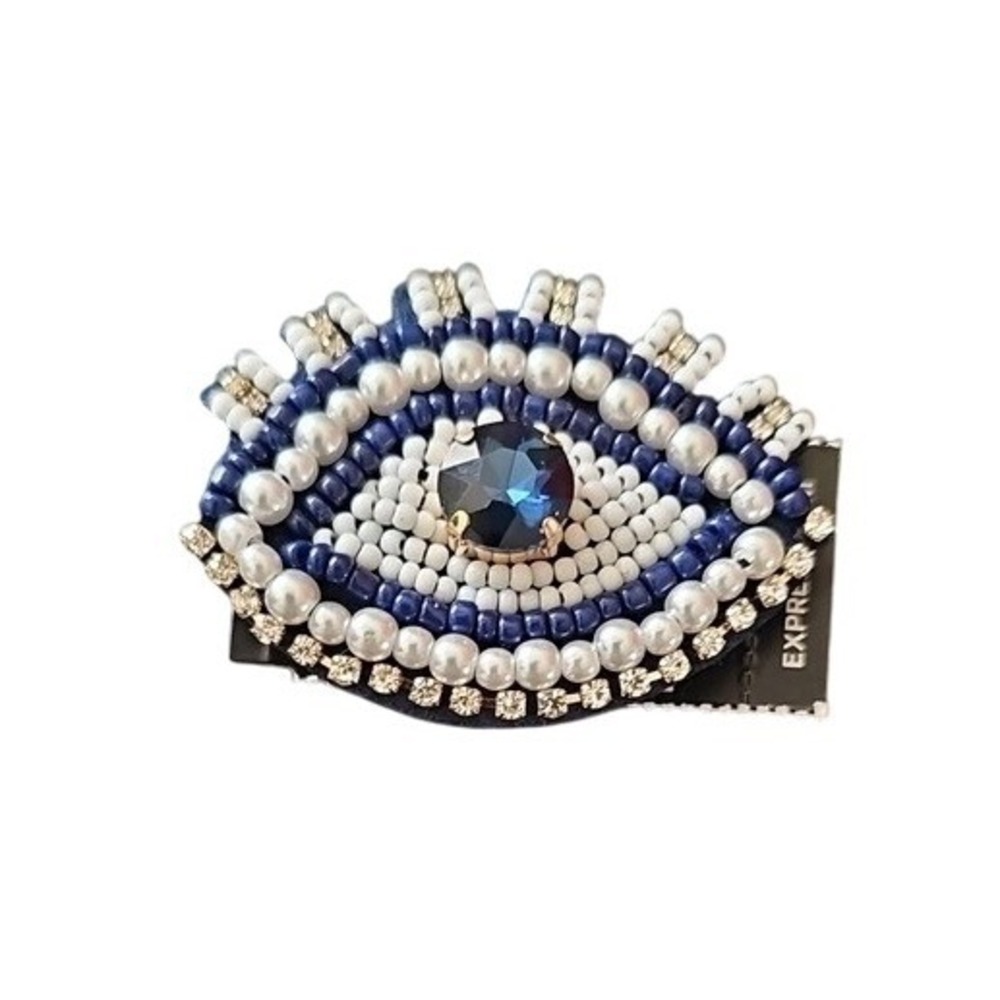 Express Evil Eye Beaded Brooch Pin Blue White Pearl Rhinestone Statement NWT